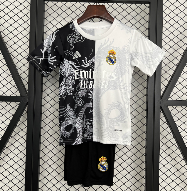 2025-26 Real Madrid Special Kids Black White Soccer Kit Shirt With Shorts